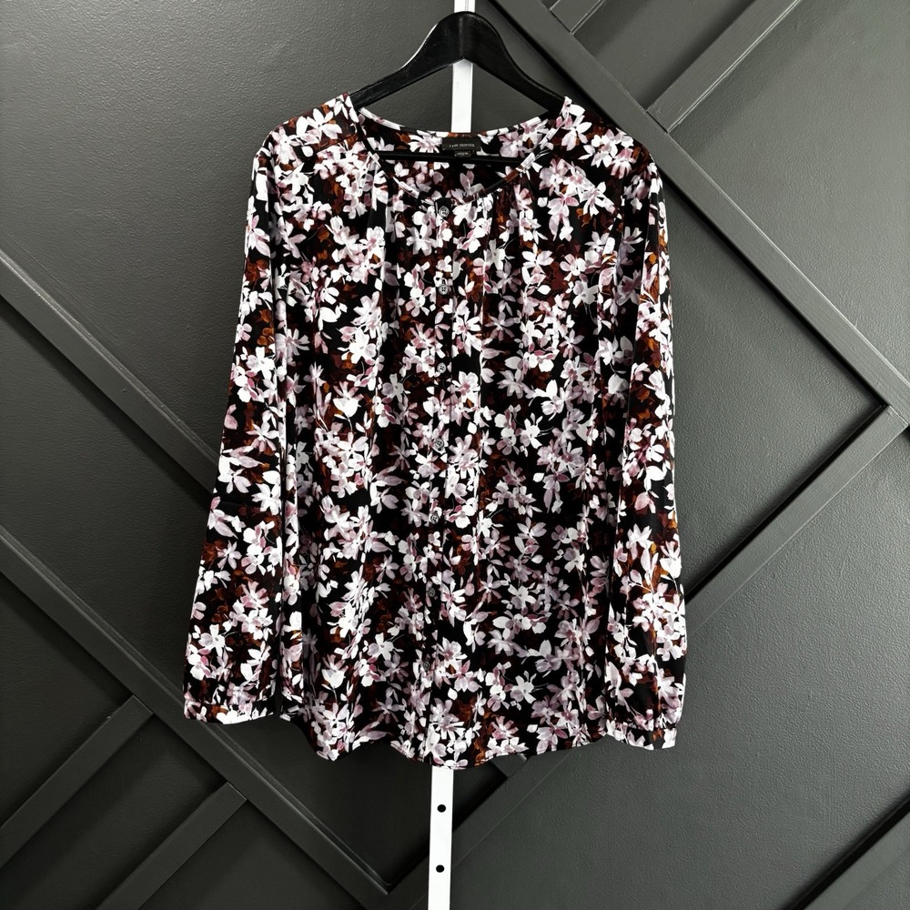 J Jill Wearever Womens Size XL Black Pink Floral Button Front Long Sleeve Blouse